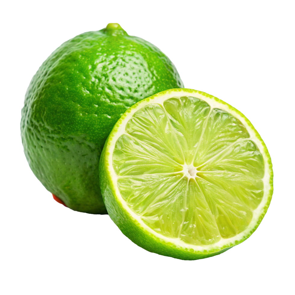 Closeup of a whole lime and a lime cut in half showing the juicy interior, vibrant green citrus fruit png