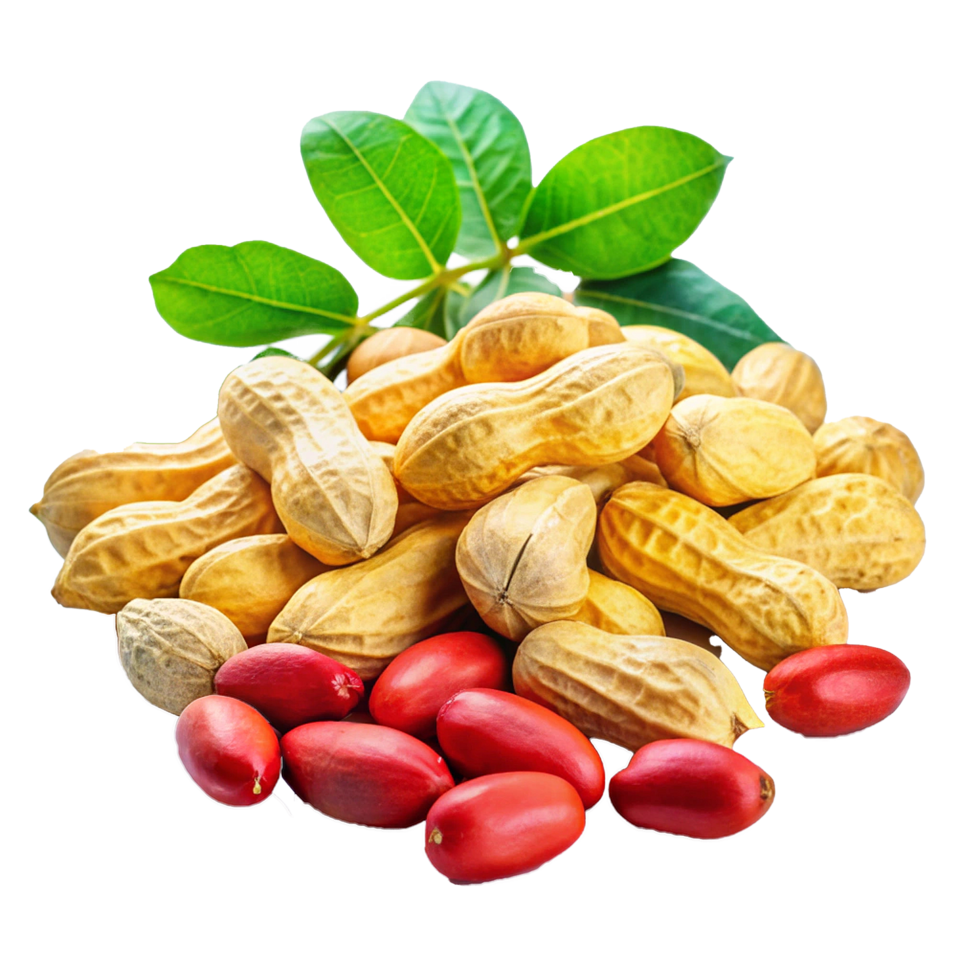 A Closeup of Peanuts in Their Shells with Fresh Green Leaves and Surrounding Red Fruits png