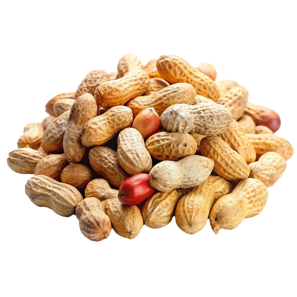 A large pile of peanuts in their shells, some showing signs of age and discoloration, with a couple of red peanuts interspersed among the tan ones png
