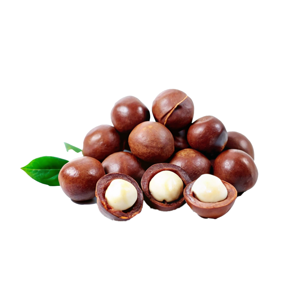 A Closeup of a Pile of Macadamia Nuts with Some Opened to Reveal the Creamy White Interior and a Green Leaf png