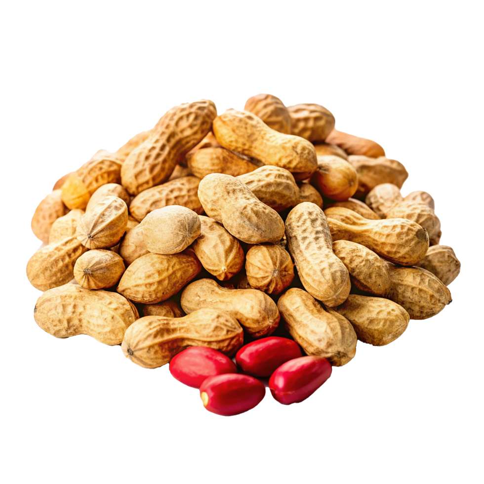 A CloseUp View of a Pile of Roasted Peanuts with Some Red Fruits in the Foreground png