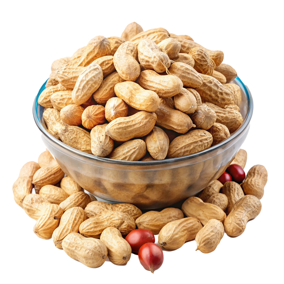 A Bowl of Roasted Peanuts with Some Scattered Around and Two Red Fruits png