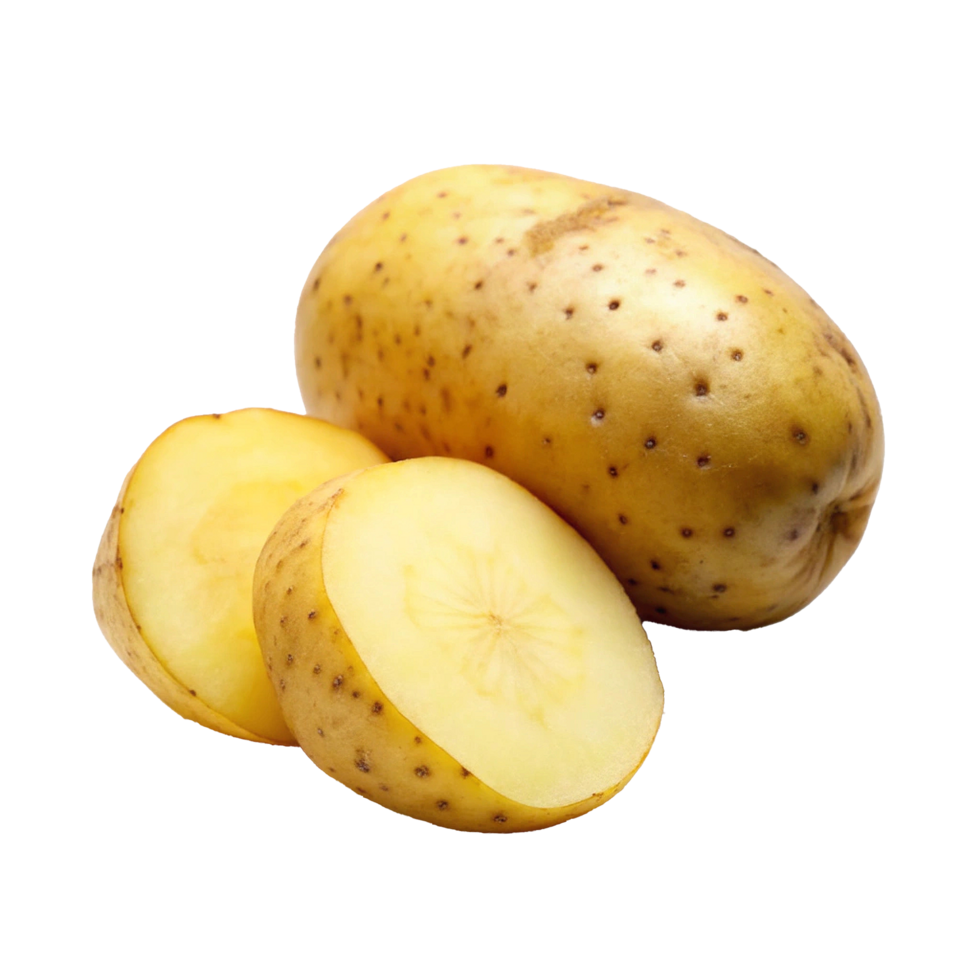 Closeup of a whole yellow potato and two sliced pieces showing inside texture png