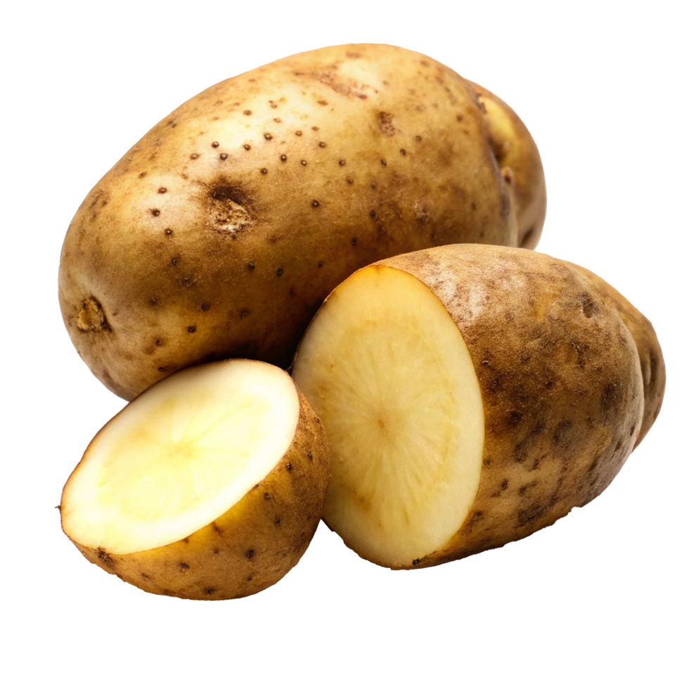 Closeup of three potatoes one whole and two cut in half showing the yellow flesh png