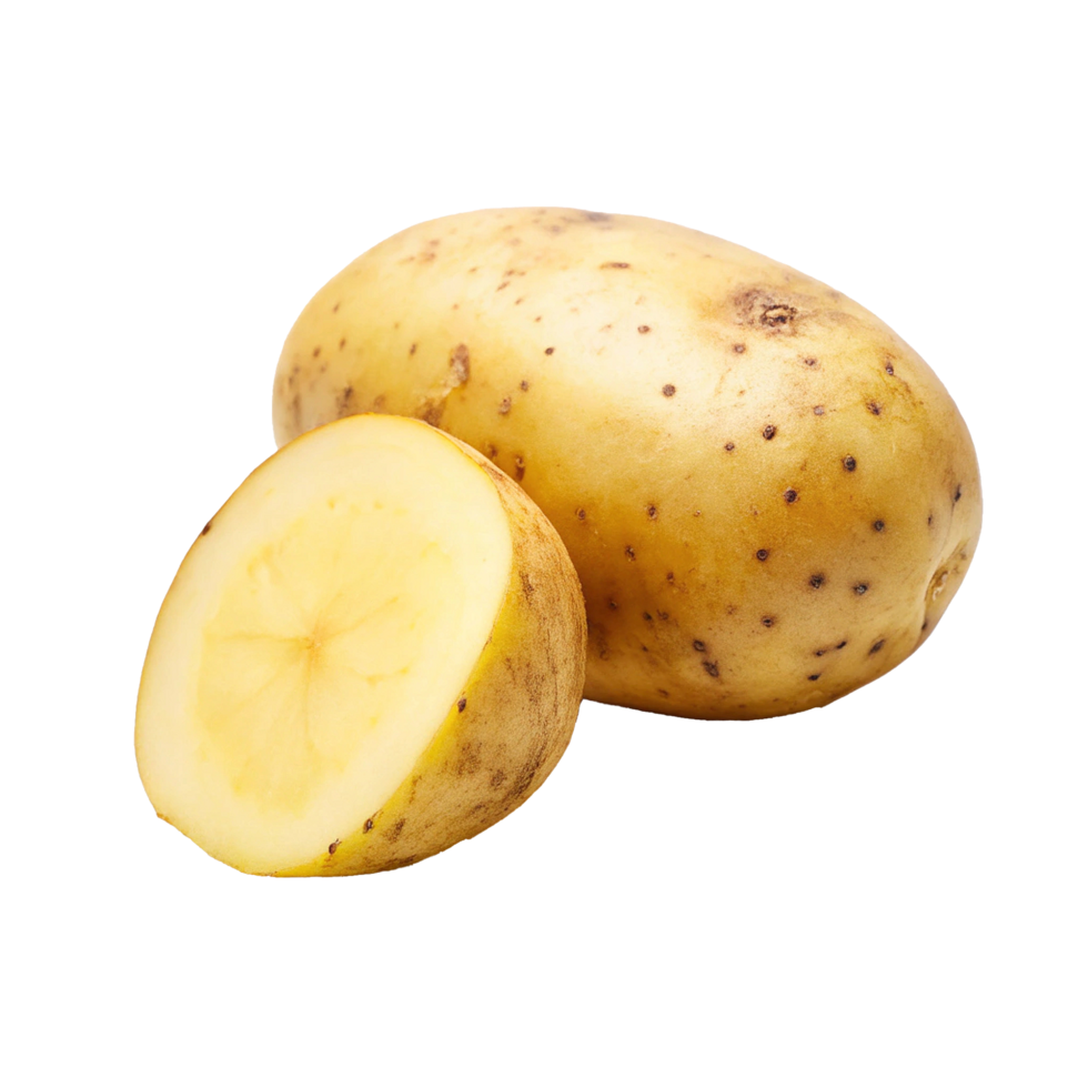 A whole potato and a half of a potato, showing the inside of the potato png