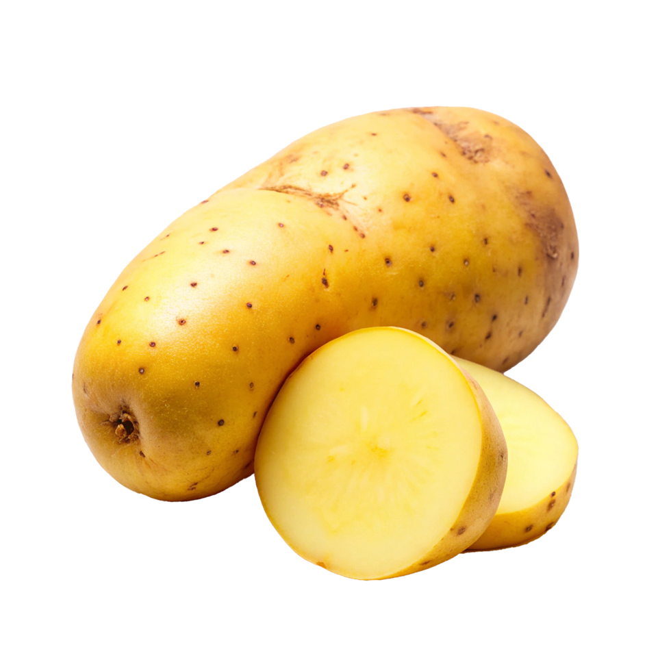 Closeup of a whole yellow potato and two sliced halves showing yellow flesh and skin texture png
