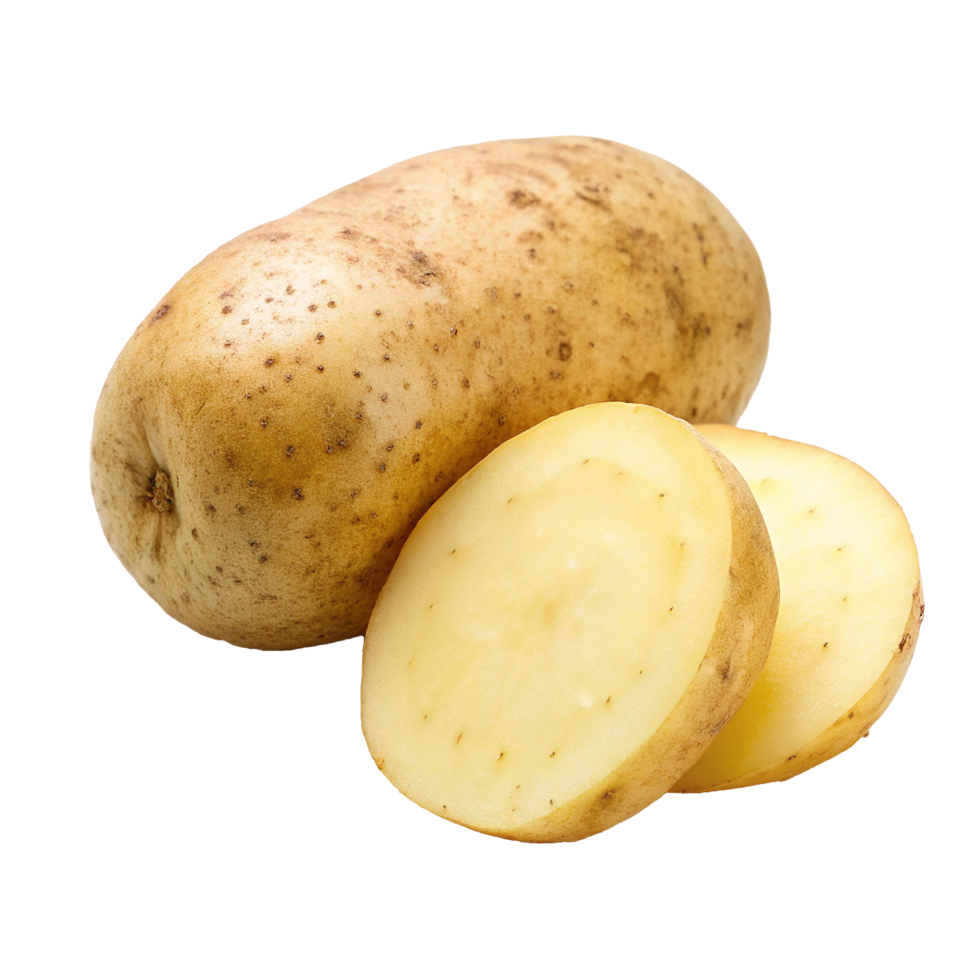 A whole potato and two sliced pieces of potato showcasing its pale yellow flesh and brown skin png