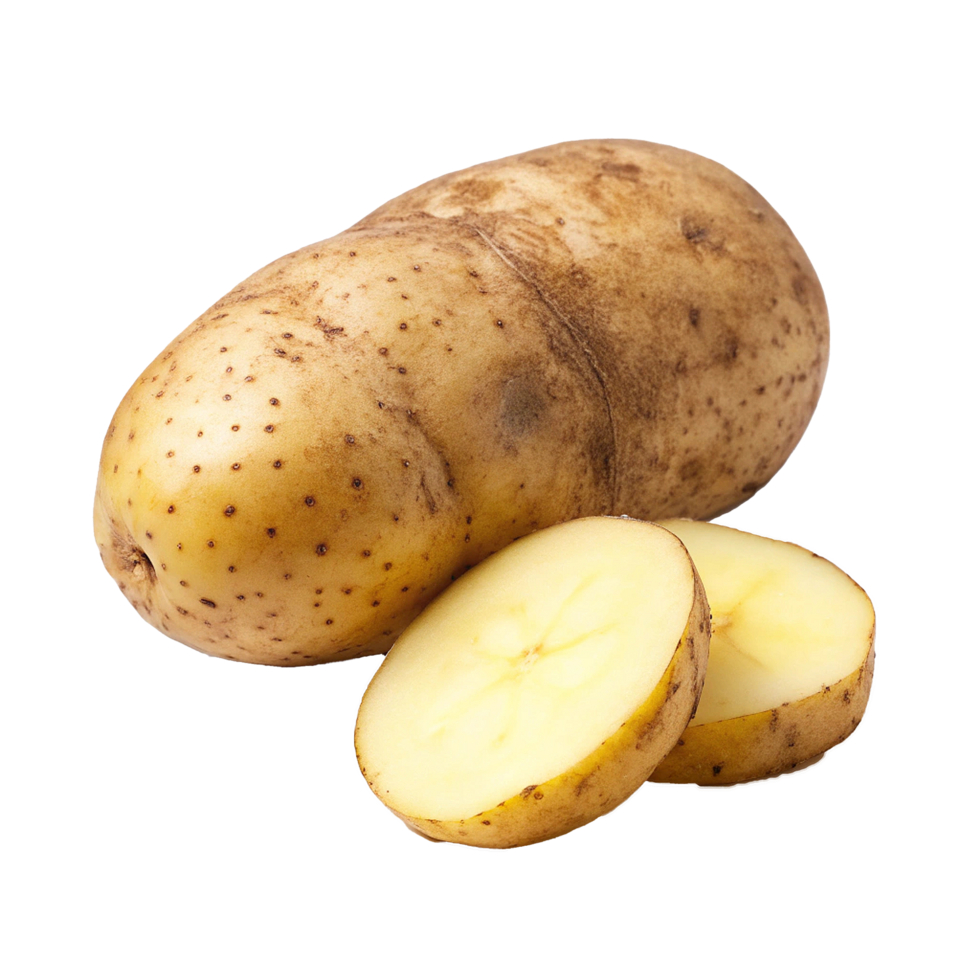 A whole russet potato and two halves showcasing its pale yellow flesh and brown skin png