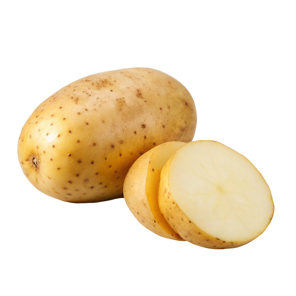 A whole potato and two slices of potato isolated on white background png