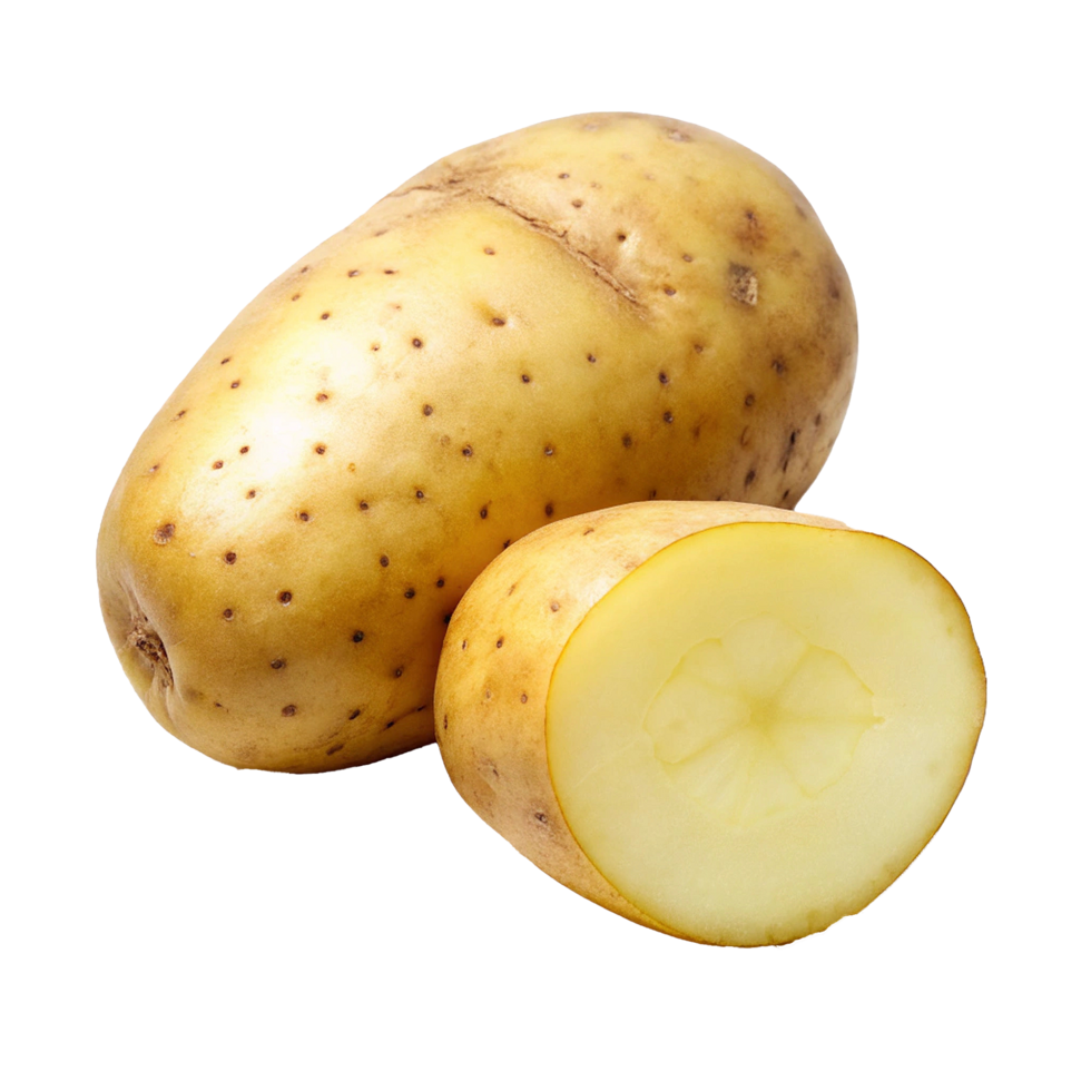 A whole yellow potato and a cut half showing the inside flesh png