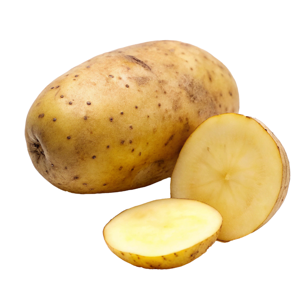 A whole potato and two halves of a potato showcasing the inside and outside texture png