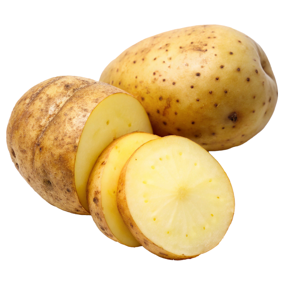Closeup of Yellow Potatoes Sliced and Whole Showing Texture and Color png