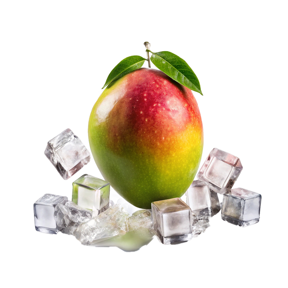 A single ripe mango with green leaves surrounded by melting ice cubes on white background png