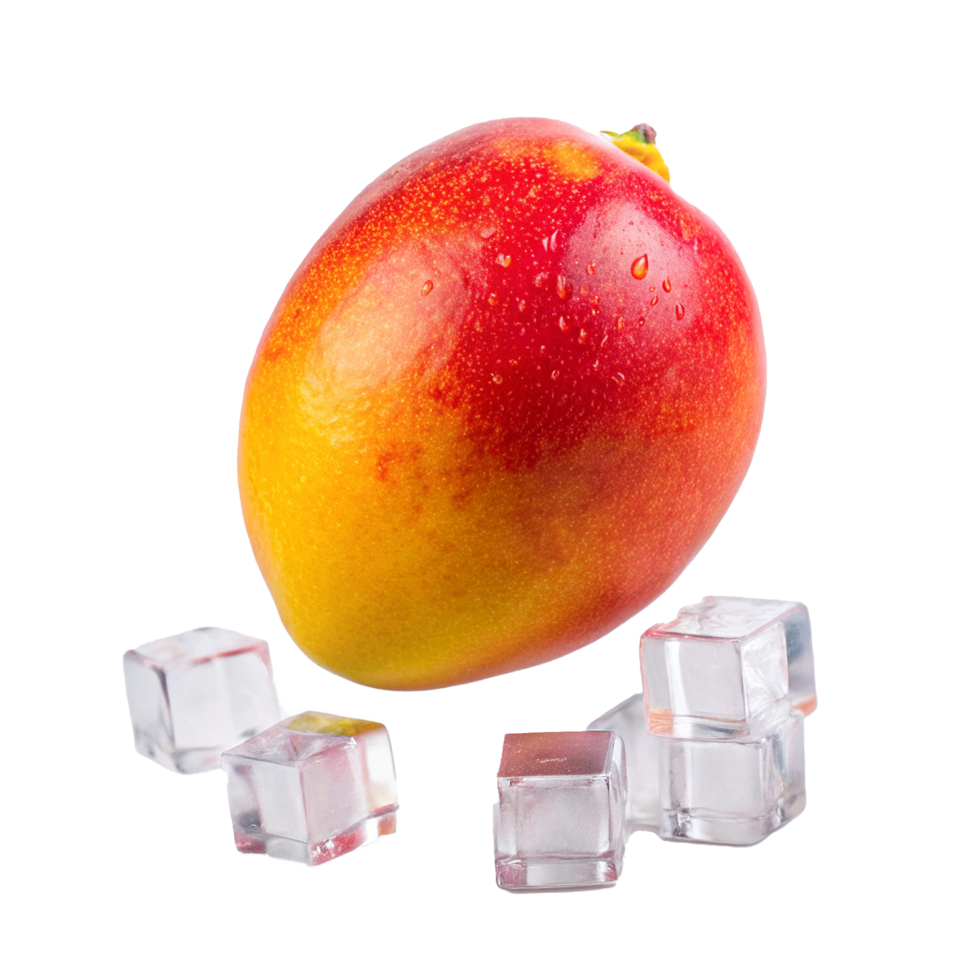 A single ripe mango with water droplets surrounded by ice cubes on a white background png