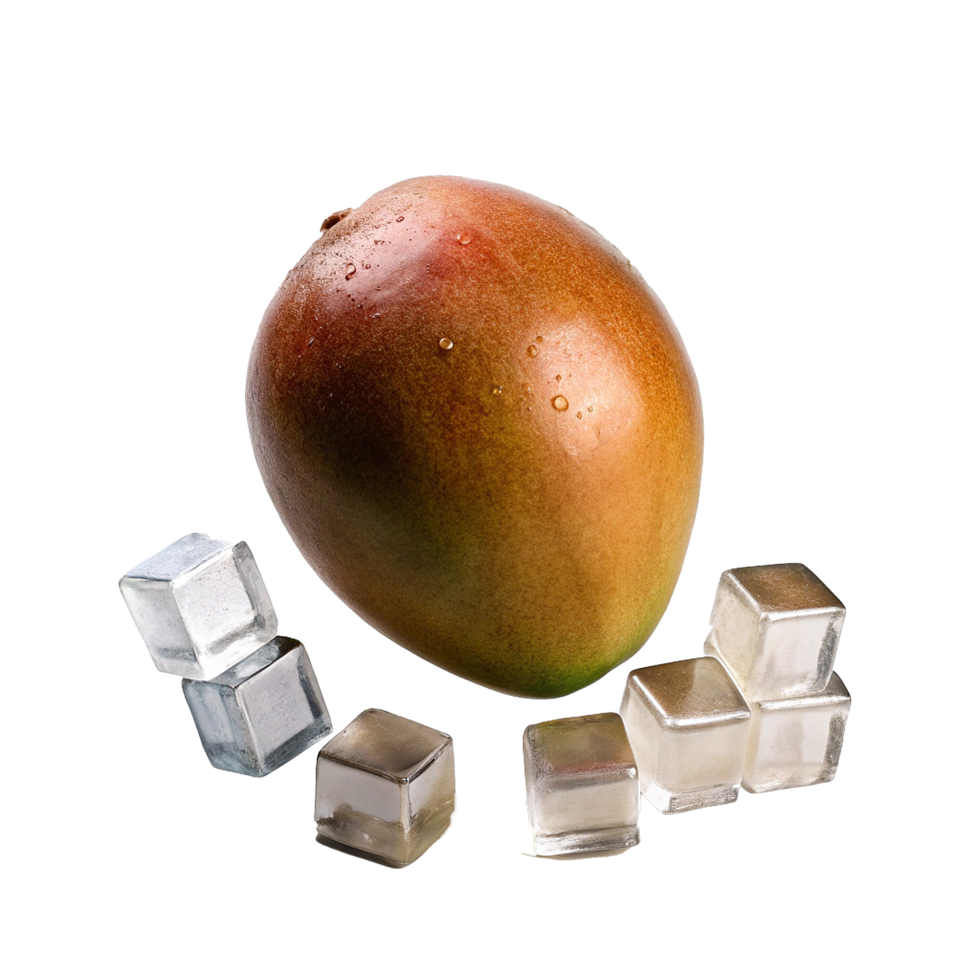 A Juicy Mango with Sparkling Ice Cubes Ready for a Refreshing Summer Drink png