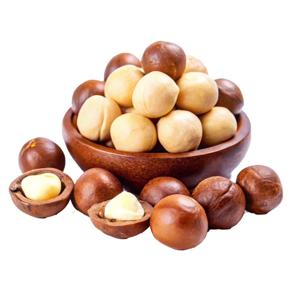 Delicious Macadamia Nuts in Wooden Bowl A CloseUp View of Shelled and Unshelled Macadamia Kernels png