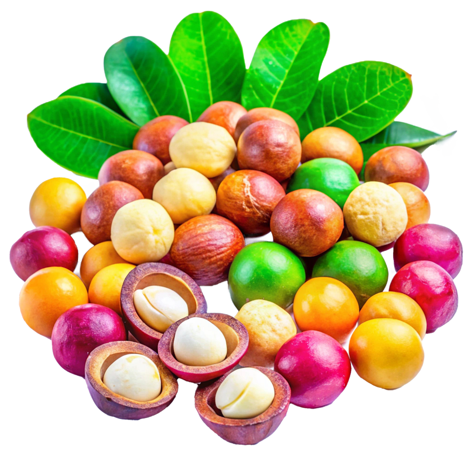 Vibrant Collection of Colorful Fruits and Nuts with Lush Green Leaves png