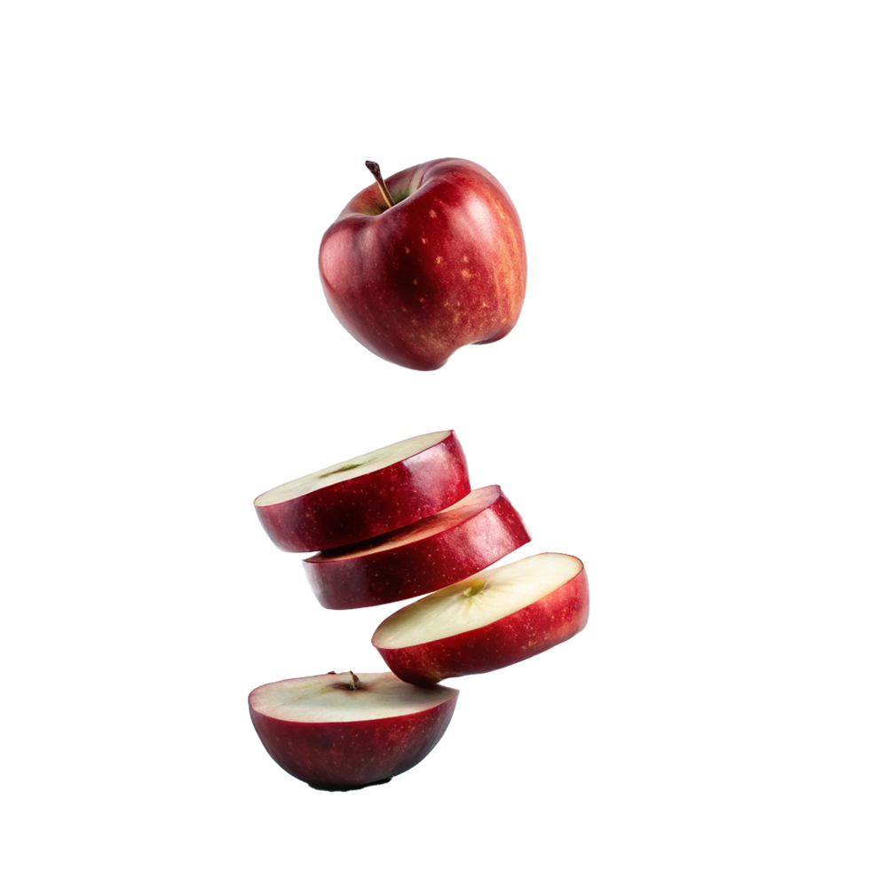 A Red Apple Suspended in Air with Slices Falling Down png
