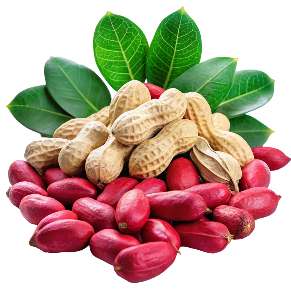 A Delicious Collection of Peanuts and Red Peanuts with Vibrant Green Leaves png