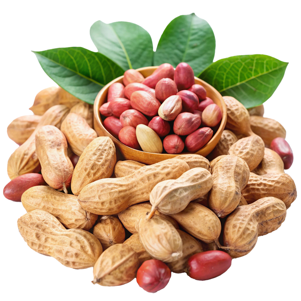 Freshly Harvested Peanuts in Shells and Red Peanuts in Wooden Bowl with Green Leaves png