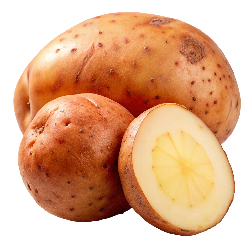 Closeup of three fresh potatoes one cut in half showing yellow flesh png