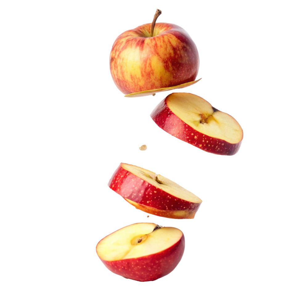 A whole red apple and three slices falling in the air, fresh fruit, healthy eating png