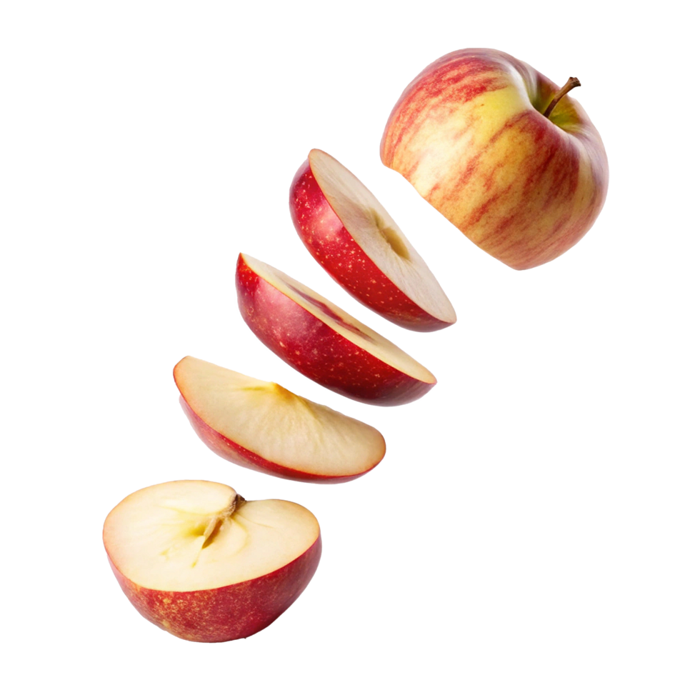 A Red Apple Sliced and Falling in Mid Air, Suspended in Time, Showing Freshness and Juiciness png