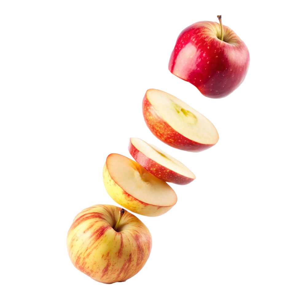 Delicious Red and Yellow Apples Falling in Mid Air Sliced and Whole Showing Juicy Texture png