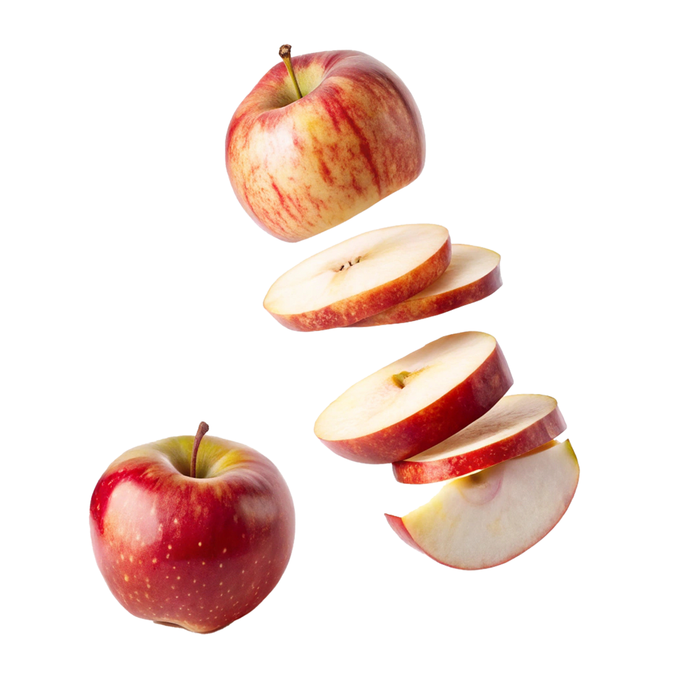A whole red apple and several slices of the same apple are shown floating against a white background png