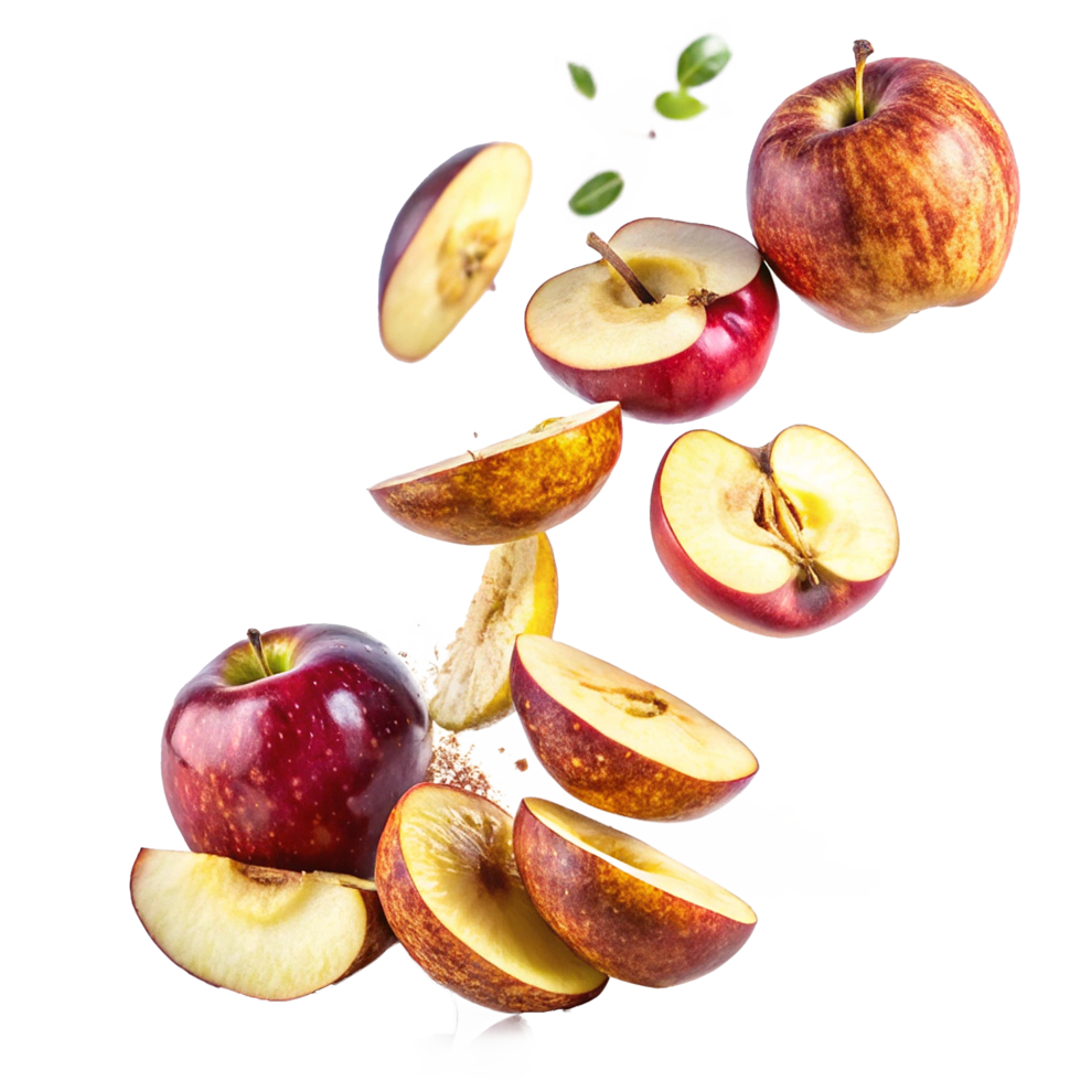 Flying Slices of Red and Yellow Apples in Air with Cinnamon Dust png