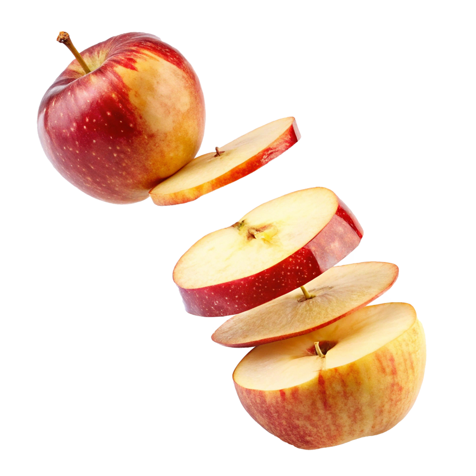 A whole red apple and several sliced pieces levitating against a creamy white background png
