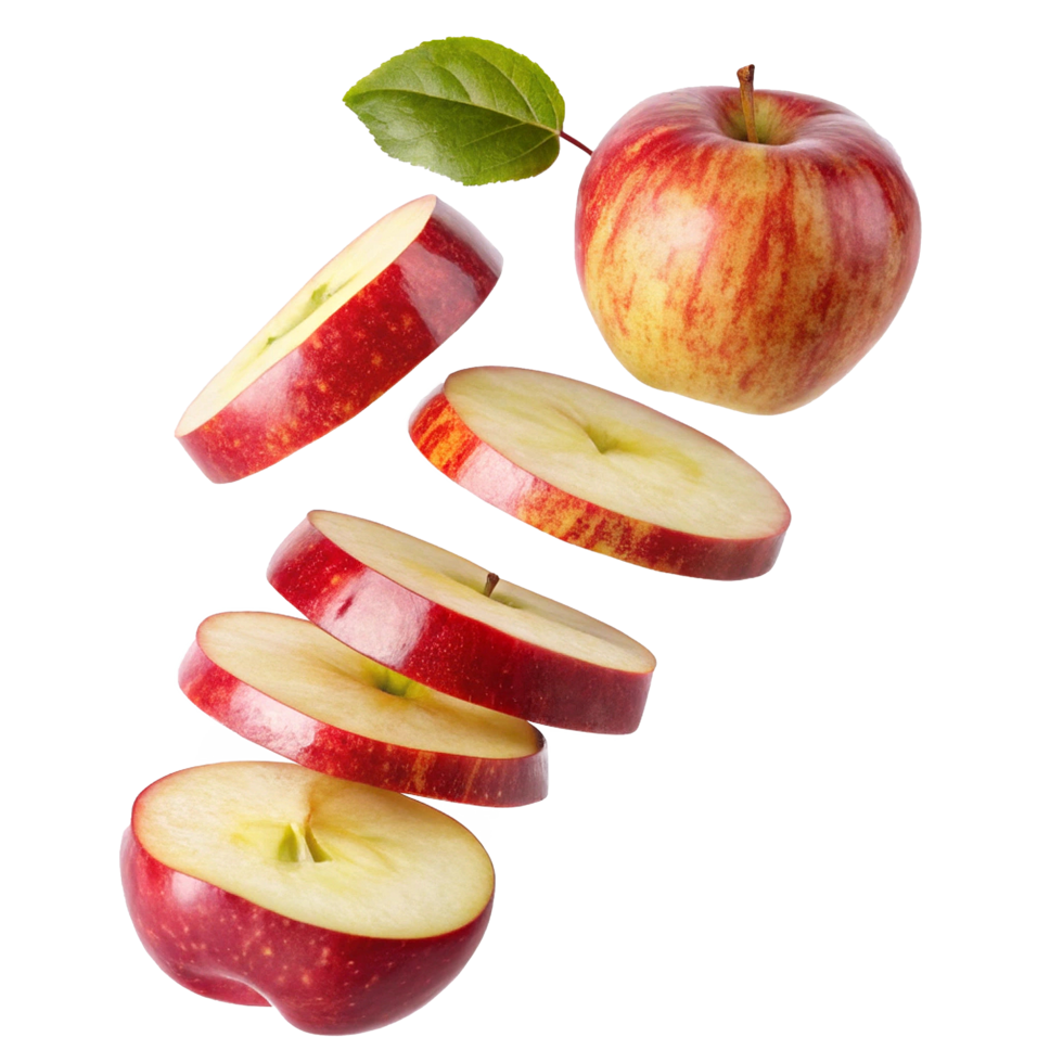 A Red Apple Sliced and Whole in Mid Air with Green Leaf png