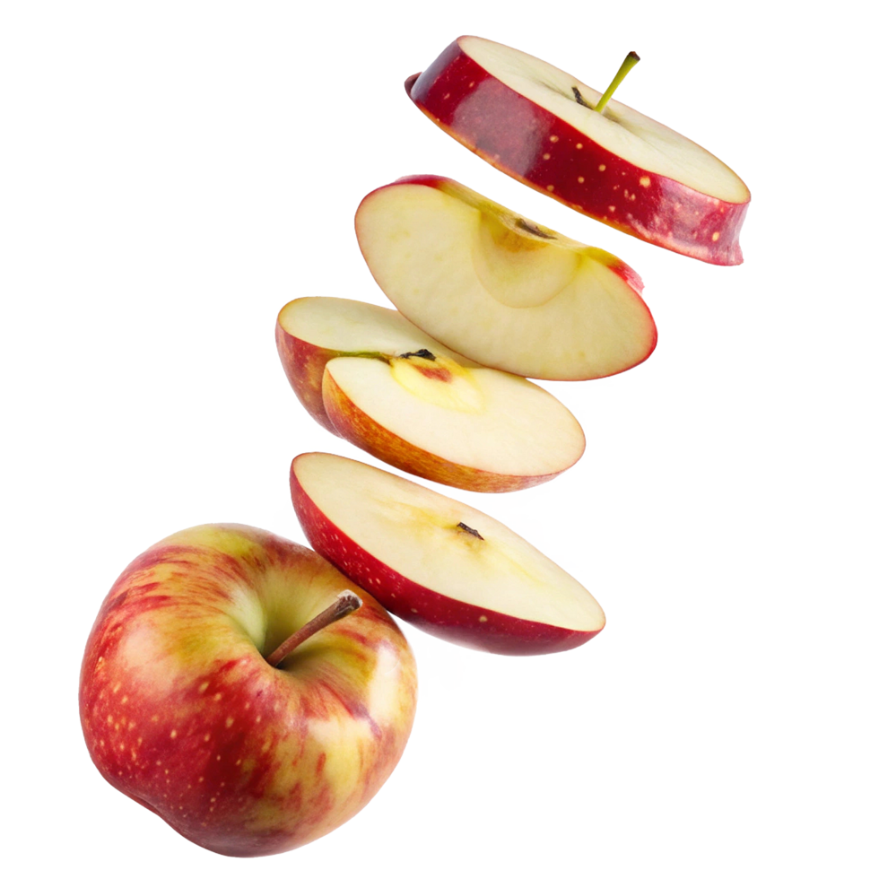 A delicious red apple sliced into perfect segments floating in midair against a white background png
