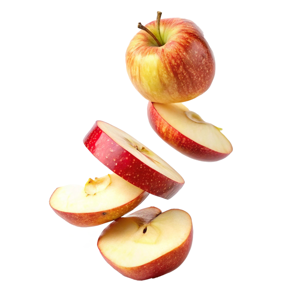 A whole red and yellow apple and four slices falling in midair against a white background png