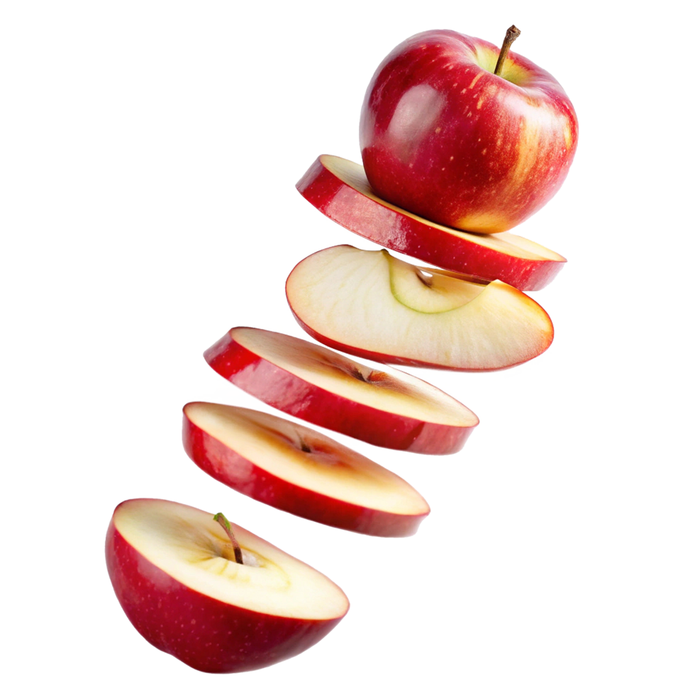 A Delicious Red Apple Sliced and Suspended in Mid Air Showing the Juicy Inside png