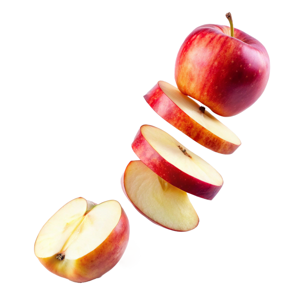 A Red Apple Sliced and Falling in Mid Air on White Background Fresh Fruit Healthy Food Photography png