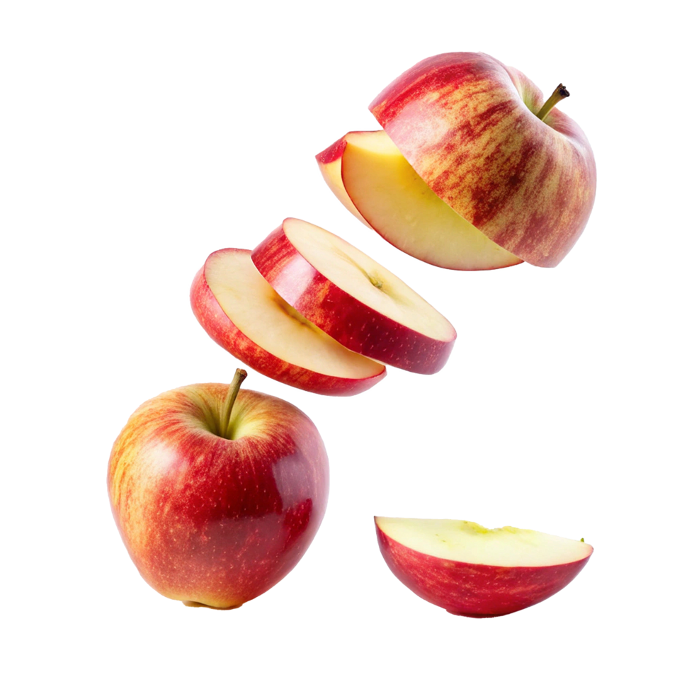 A Red Apple Sliced and in Pieces Floating in the Air Isolated on White Background png