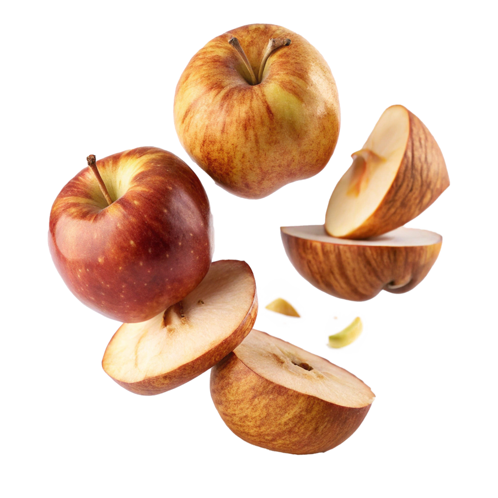 Juicy Sliced Apples in Airy Flight A Delicious Display of Red and Golden Hues png