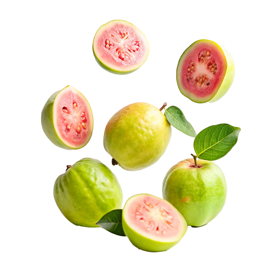 A Collection of Fresh Guavas Ready to Eat, Featuring Both Green and Pink Varieties png
