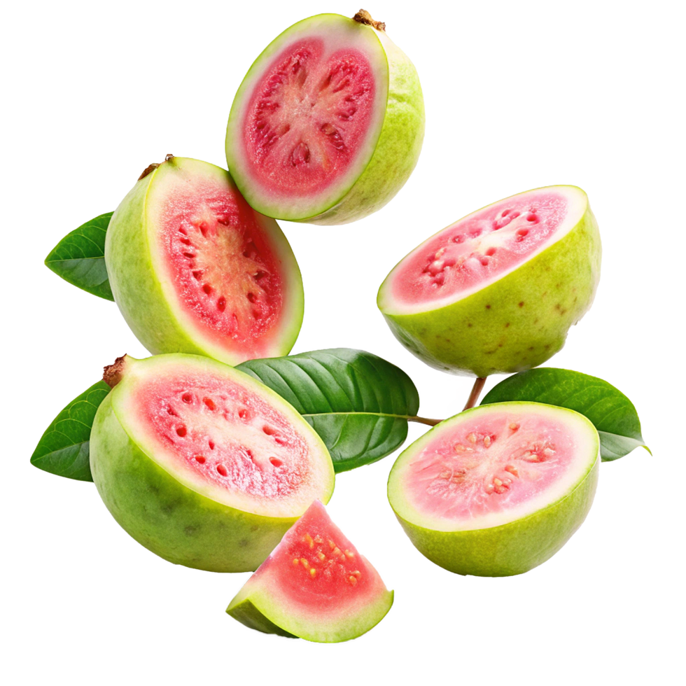 Fresh Red Guavas Cut in Half with Green Leaves a Delicious Tropical Fruit png