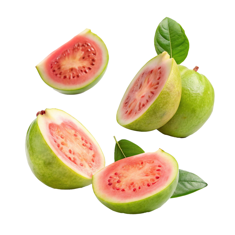 Fresh and Juicy Guavas Ready to Eat Sliced and Whole Guavas with Green Leaves png