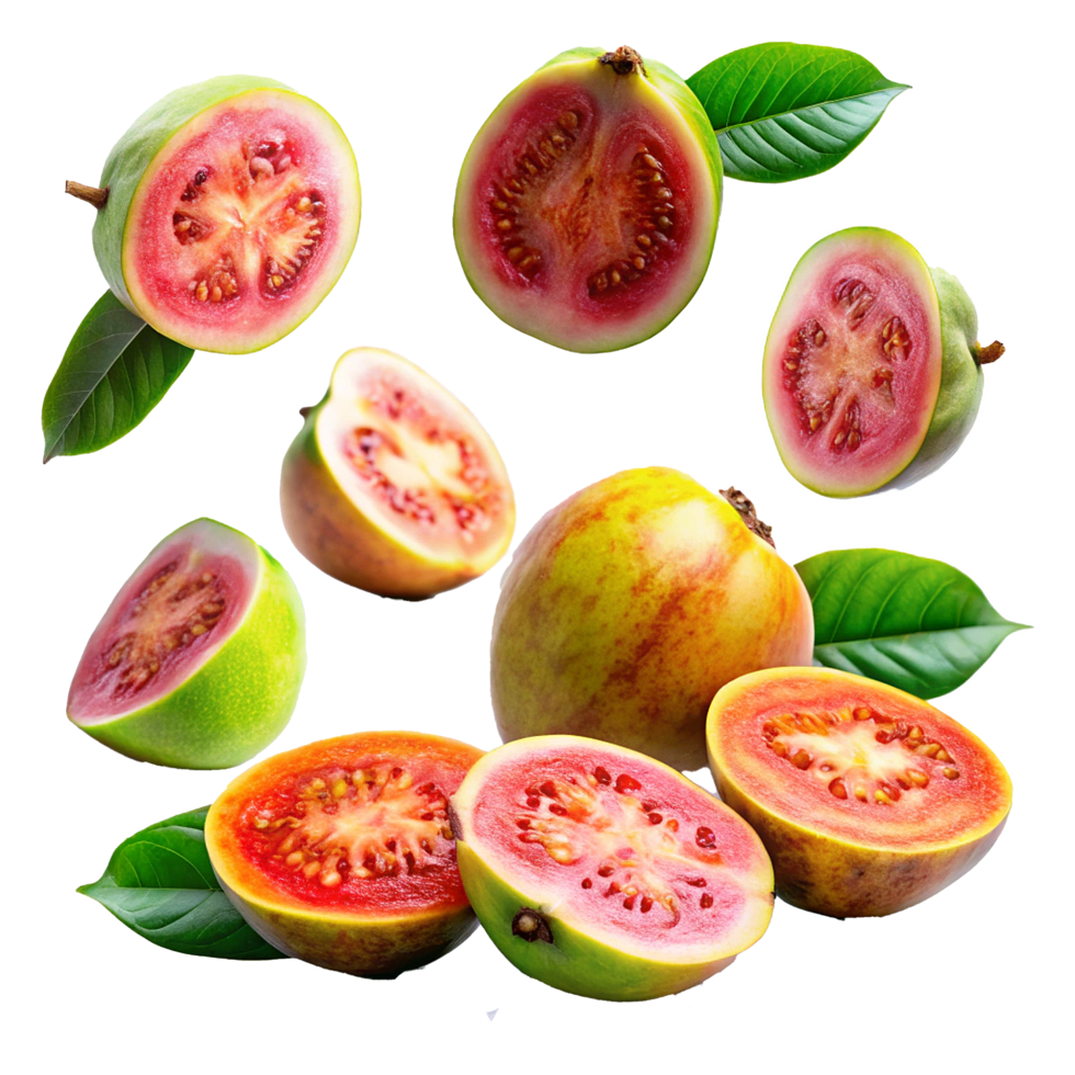 A Collection of Red and Green Guavas Cut in Half and Whole Showing Their Juicy Interior and Seeds png
