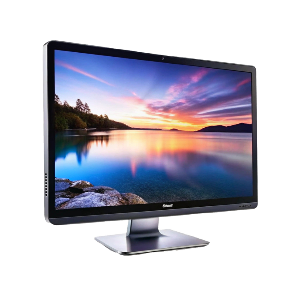 Stunning View of a Serene Lake at Sunset Displayed on a Sleek Modern Computer Monitor png