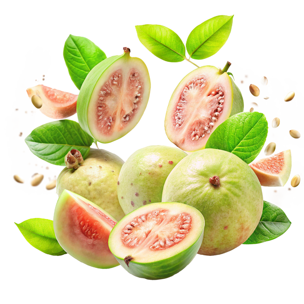 Fresh Juicy Guavas with Green Leaves and Seeds in a Vibrant Display png