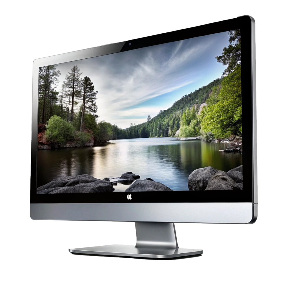Sleek Silver Computer Monitor Displaying a Serene Lakeside View png