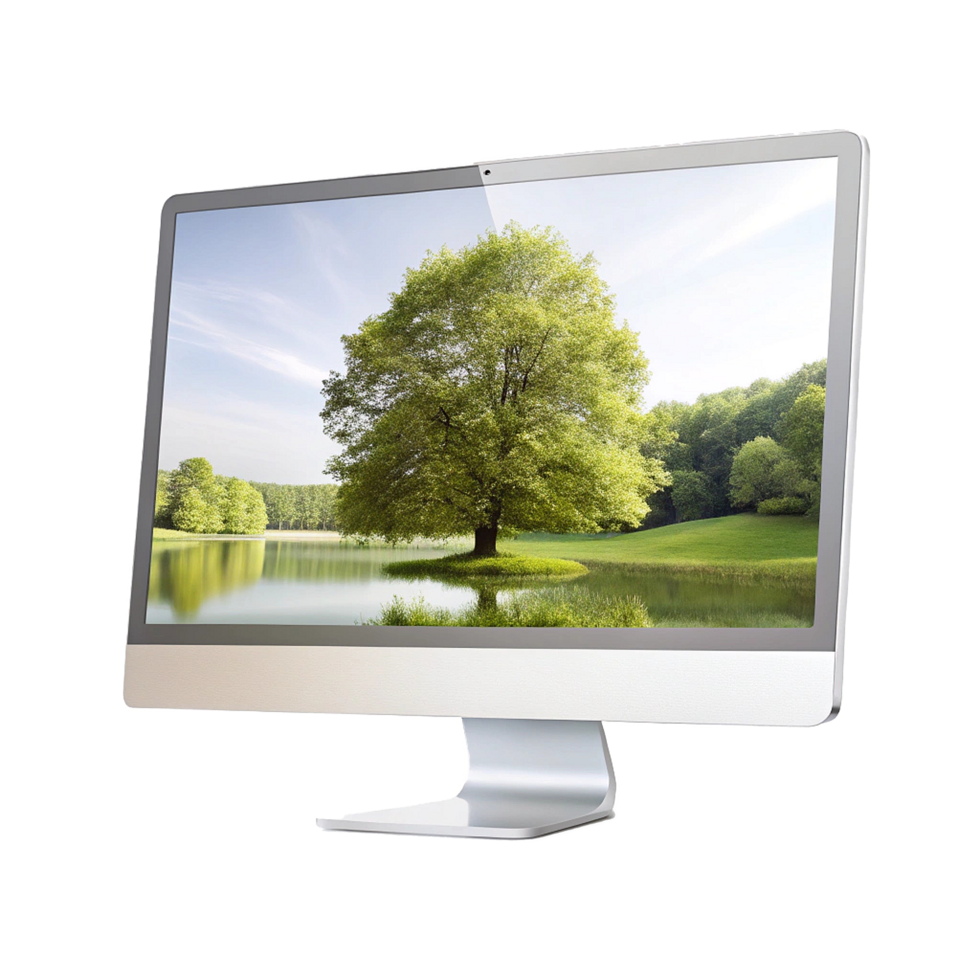 Modern All in One Computer Displaying Serene Nature Scene Featuring a Large Tree by a Lake png