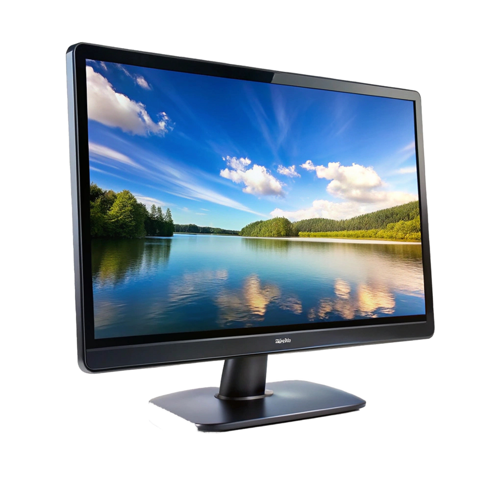 High Definition Widescreen LED Computer Monitor Displaying Serene Lakeside Scenery png