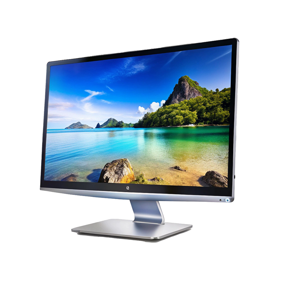Sleek Silver Computer Monitor Displaying a Stunning Tropical Beach Scene png