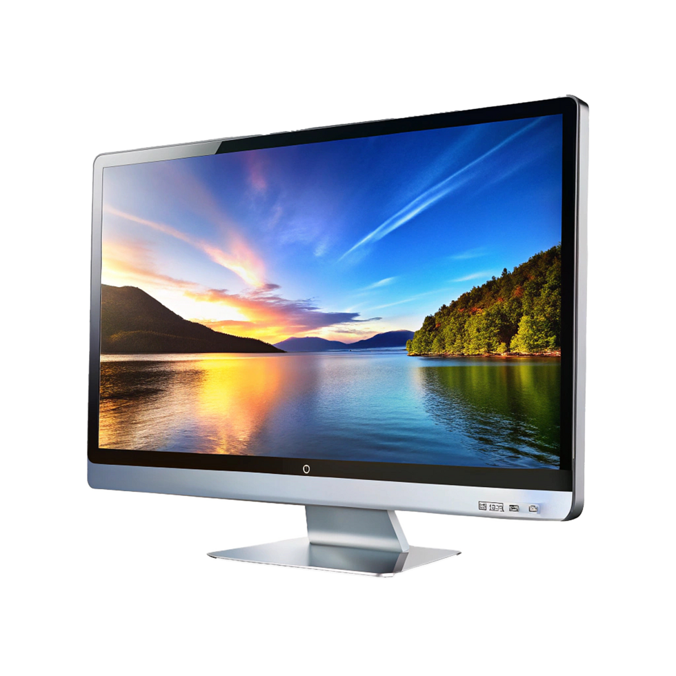 Stunning Wide Screen LED Monitor Displaying Serene Sunset Landscape png