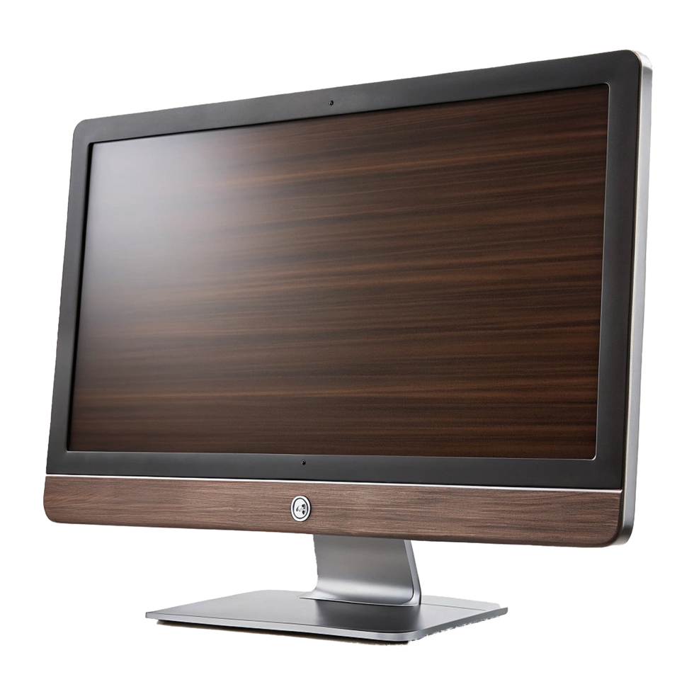 Sleek Modern All in One Computer with Wooden Bezel and Silver Stand png